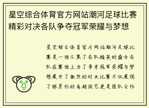 星空综合体育官方网站潮河足球比赛精彩对决各队争夺冠军荣耀与梦想
