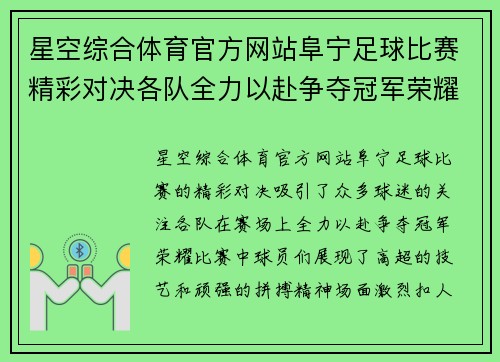 星空综合体育官方网站阜宁足球比赛精彩对决各队全力以赴争夺冠军荣耀