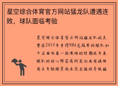 星空综合体育官方网站猛龙队遭遇连败，球队面临考验